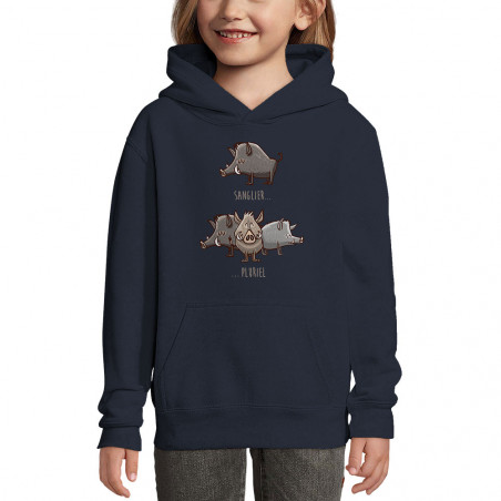 Sweat enfant à capuche bleu marine Sanglier Pluriel (Mr Mouton,Animaux,Humour)