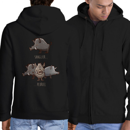 Sweat homme à capuche zippé noir Sanglier Pluriel (Mr Mouton,Animaux,Humour)