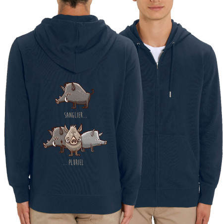 Sweat homme zippé à capuche coton bio bleu marine Sanglier Pluriel (Mr Mouton,Animaux,Humour)