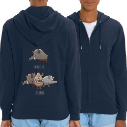 Sweat femme zippé à capuche coton bio bleu marine Sanglier Pluriel (Mr Mouton,Animaux,Humour)