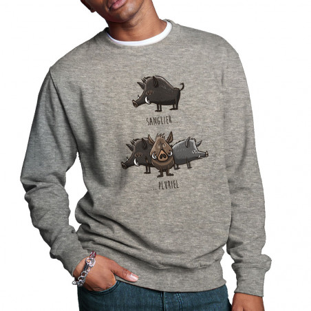 Sweat homme col rond gris chiné Sanglier Pluriel (Mr Mouton,Animaux,Humour)