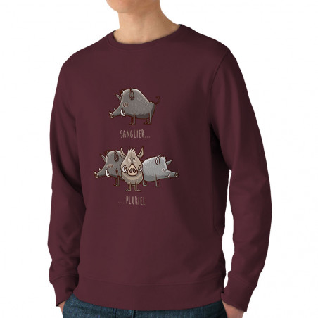 Sweat homme bio col rond bordeaux Sanglier Pluriel (Mr Mouton,Animaux,Humour)