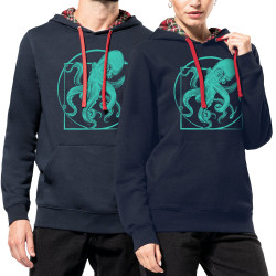 Sweat capuche à motifs unisexe bleu marine et rouge tartan Le poulpe de vitruve (Gondrax,Animaux,Détournements,Homme de Vitruve)