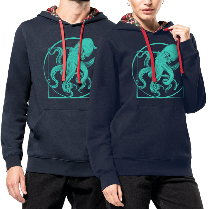 Sweat capuche à motifs unisexe bleu marine et rouge tartan Le poulpe de vitruve (Gondrax,Animaux,Détournements,Homme de Vitruve)