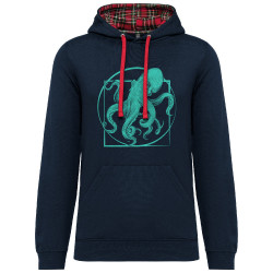 Sweat capuche à motifs unisexe bleu marine et rouge tartan Le poulpe de vitruve (Gondrax,Animaux,Détournements,Homme de Vitruve)