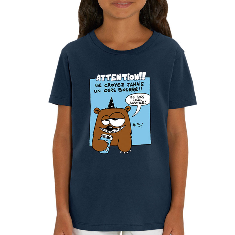 T-shirt enfant coton bio bleu marine Ne croyez jamais un ours bourré (Animaux)