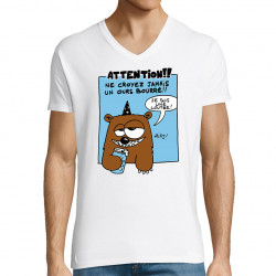 T-shirt homme col V blanc Ne croyez jamais un ours bourré (Animaux)