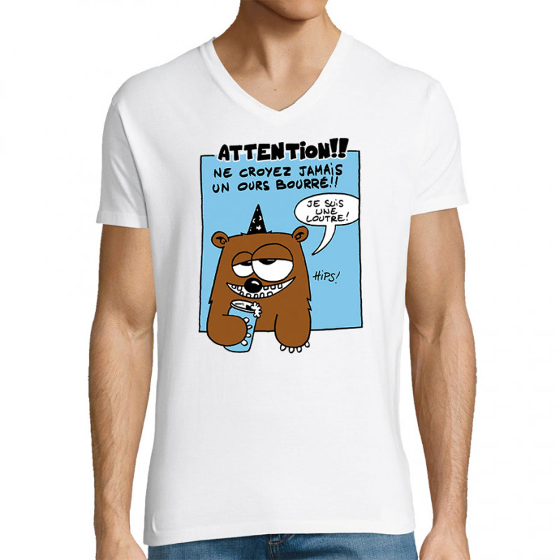 T-shirt homme col V blanc Ne croyez jamais un ours bourré (Animaux)