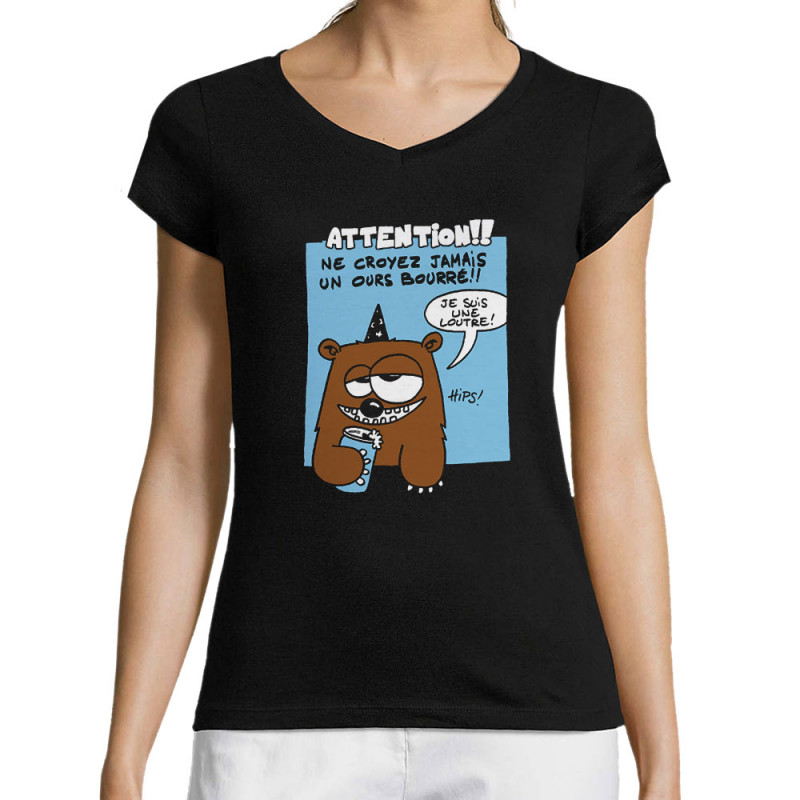 T-shirt femme col V noir Ne croyez jamais un ours bourré (Animaux)