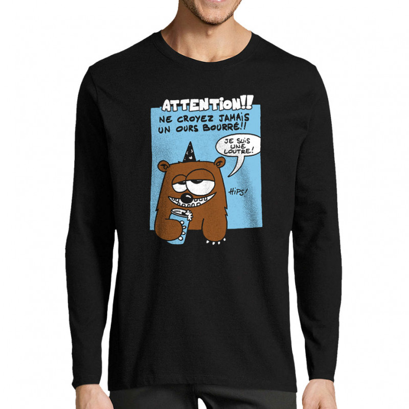 T-shirt homme manches longues noir Ne croyez jamais un ours bourré (Animaux)