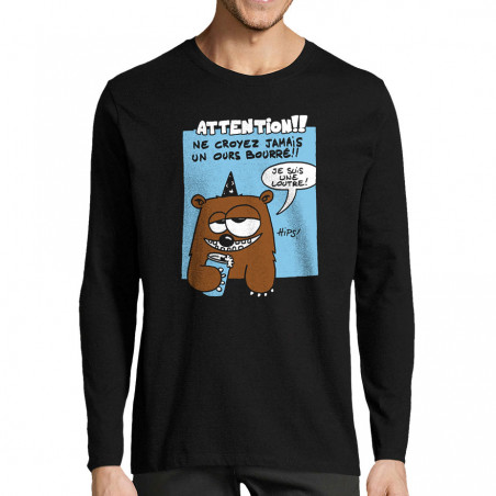 T-shirt homme manches longues noir Ne croyez jamais un ours bourré (Animaux)
