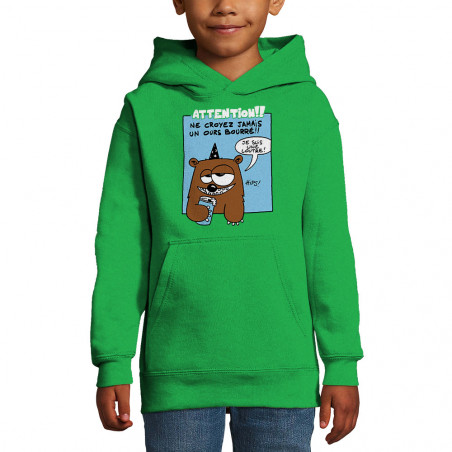 Sweat enfant à capuche vert prairie Ne croyez jamais un ours bourré (Animaux)