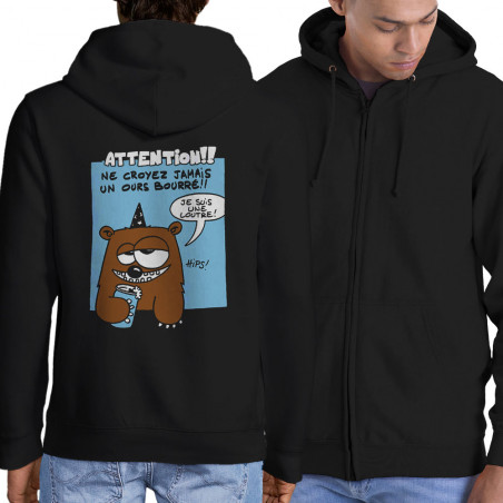 Sweat homme à capuche zippé noir Ne croyez jamais un ours bourré (Animaux)