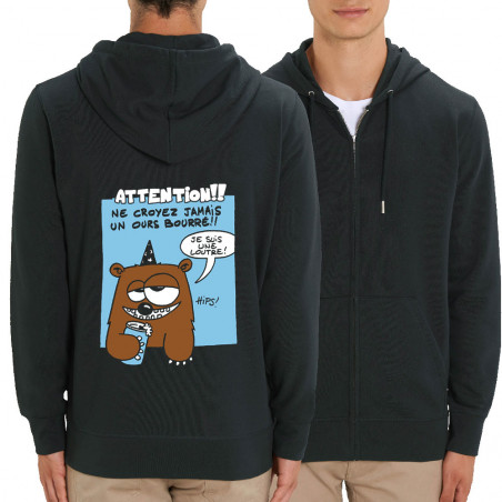 Sweat homme zippé à capuche coton bio noir Ne croyez jamais un ours bourré (Animaux)