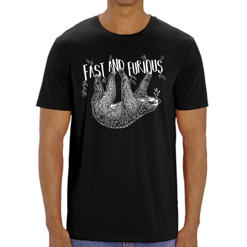 T-shirt homme coton bio noir Fast and Furious Paresseux (Les Bébêtes,Animaux,Paresse)