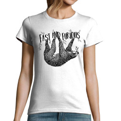 T-shirt femme blanc Fast and Furious Paresseux (Les Bébêtes,Animaux,Paresse)