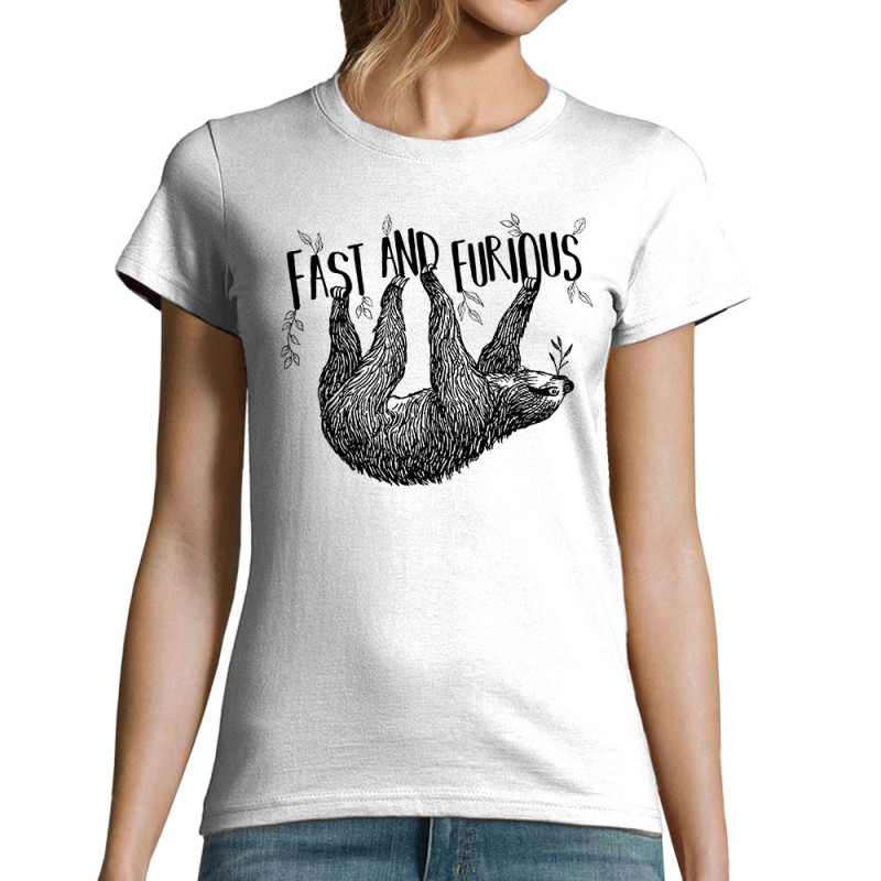 T-shirt femme blanc Fast and Furious Paresseux (Les Bébêtes,Animaux,Paresse)