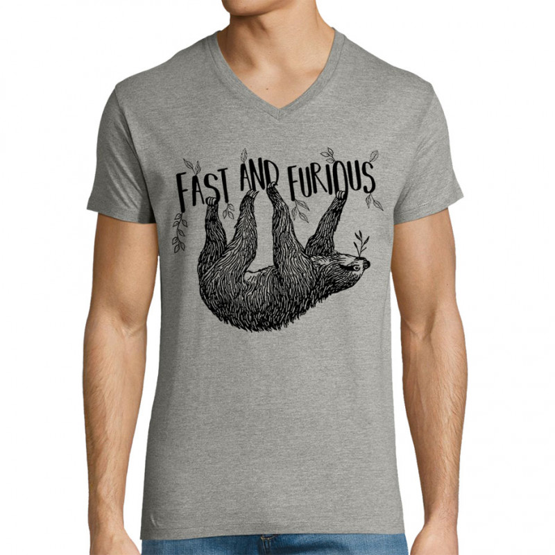 T-shirt homme col V gris chiné Fast and Furious Paresseux (Les Bébêtes,Animaux,Paresse)