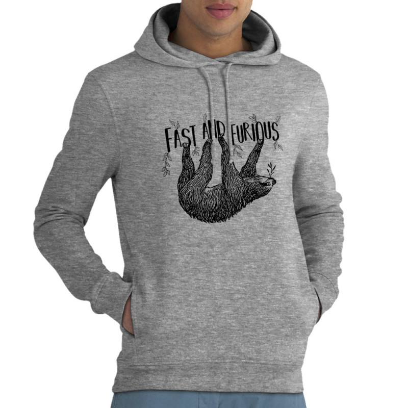 Sweat homme à capuche coton bio gris chiné Fast and Furious Paresseux (Les Bébêtes,Animaux,Paresse)