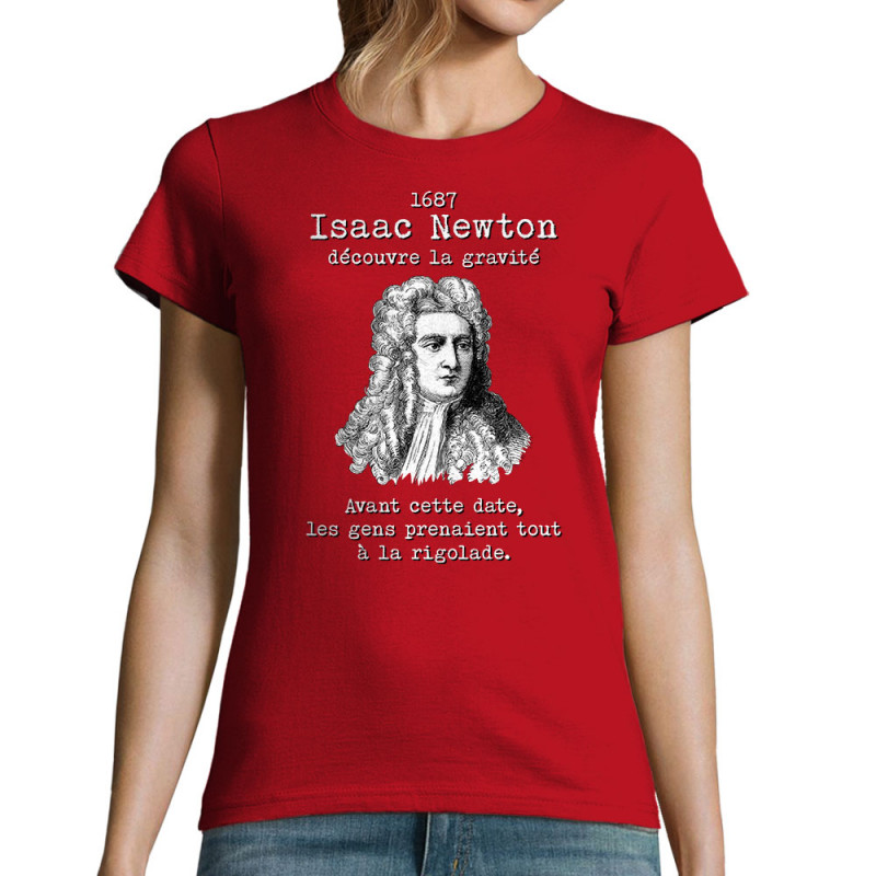 T-shirt femme rouge Isaac Newton découvre la gravité (Gondrax,Humour,Slogans Débiles)