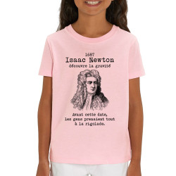 T-shirt enfant coton bio rose clair Isaac Newton découvre la gravité (Gondrax,Humour,Slogans Débiles)
