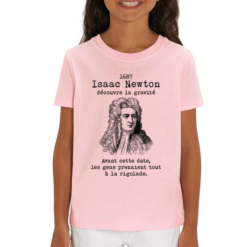 T-shirt enfant coton bio rose clair Isaac Newton découvre la gravité (Gondrax,Humour,Slogans Débiles)