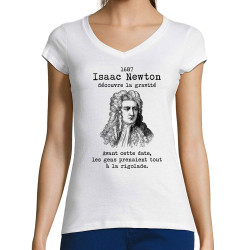 T-shirt femme col V blanc Isaac Newton découvre la gravité (Gondrax,Humour,Slogans Débiles)