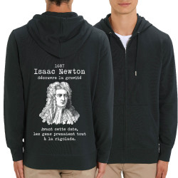 Sweat homme zippé à capuche coton bio noir Isaac Newton découvre la gravité (Gondrax,Humour,Slogans Débiles)