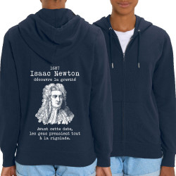 Sweat femme zippé à capuche coton bio bleu marine Isaac Newton découvre la gravité (Gondrax,Humour,Slogans Débiles)