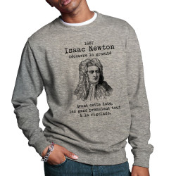 Sweat homme col rond gris chiné Isaac Newton découvre la gravité (Gondrax,Humour,Slogans Débiles)