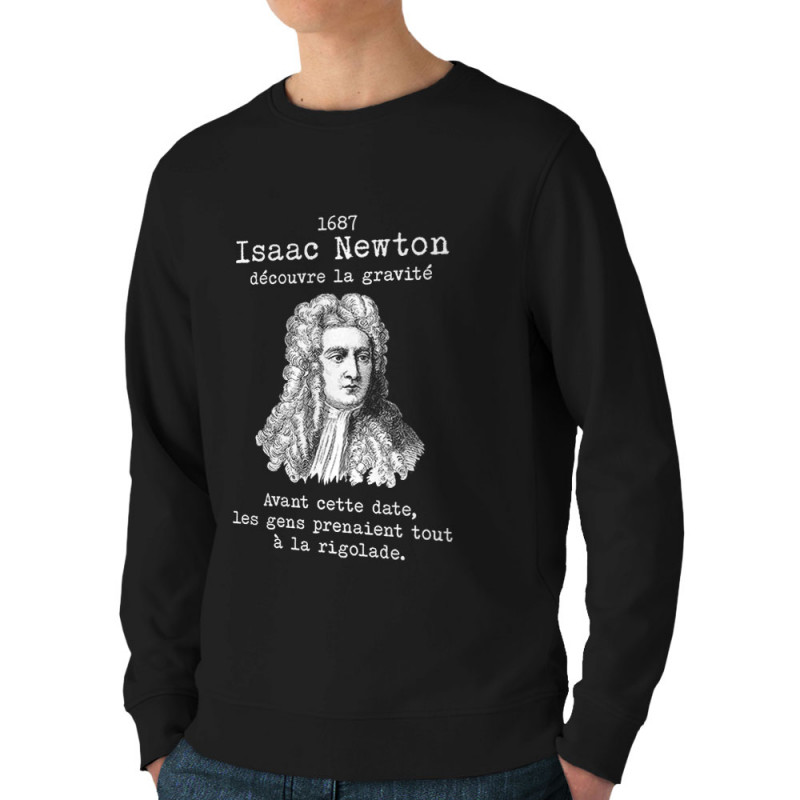 Sweat homme bio col rond noir Isaac Newton découvre la gravité (Gondrax,Humour,Slogans Débiles)