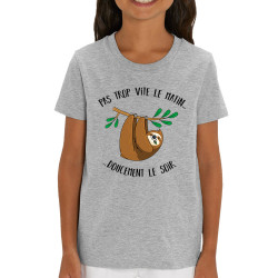 T-shirt enfant coton bio gris chiné Pas trop vite le matin doucement le soir (Gondrax,Animaux,Humour)
