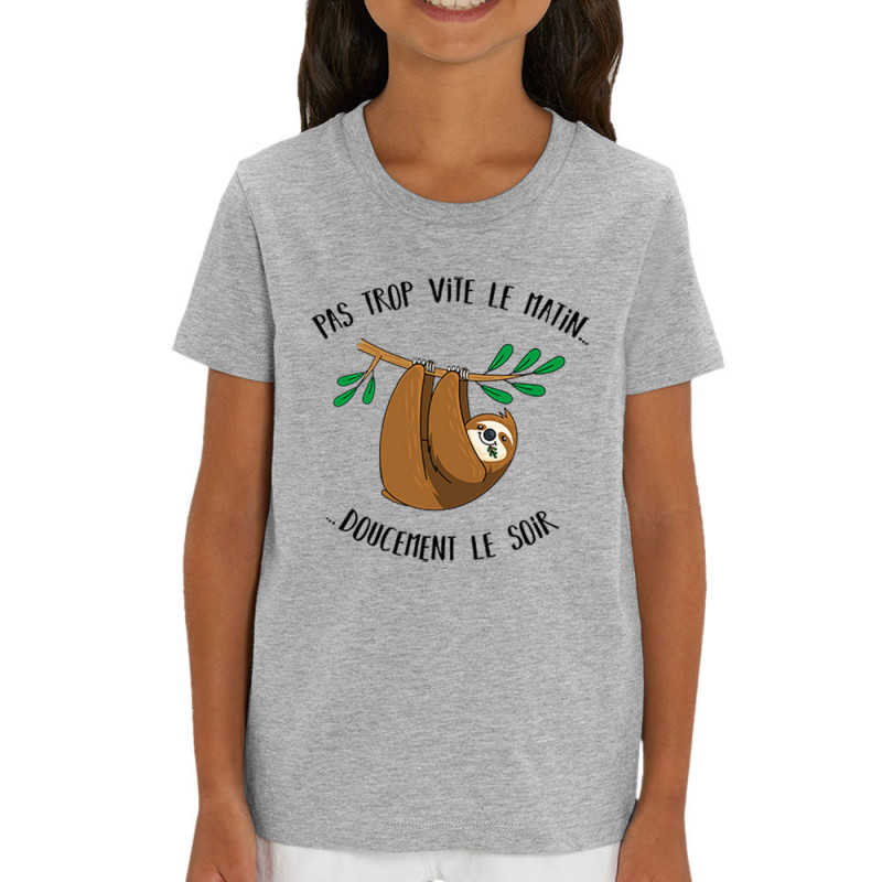 T-shirt enfant coton bio gris chiné Pas trop vite le matin doucement le soir (Gondrax,Animaux,Humour)