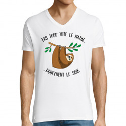 T-shirt homme col V blanc Pas trop vite le matin doucement le soir (Gondrax,Animaux,Humour)