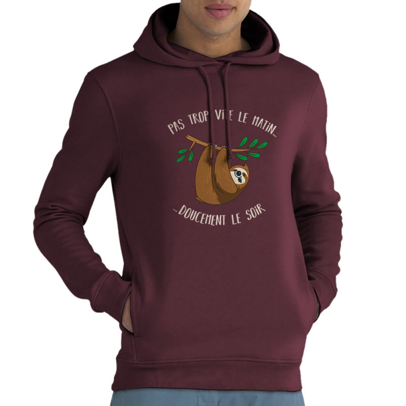 Sweat homme à capuche coton bio bordeaux Pas trop vite le matin doucement le soir (Gondrax,Animaux,Humour)
