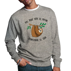 Sweat homme col rond gris chiné Pas trop vite le matin doucement le soir (Gondrax,Animaux,Humour)