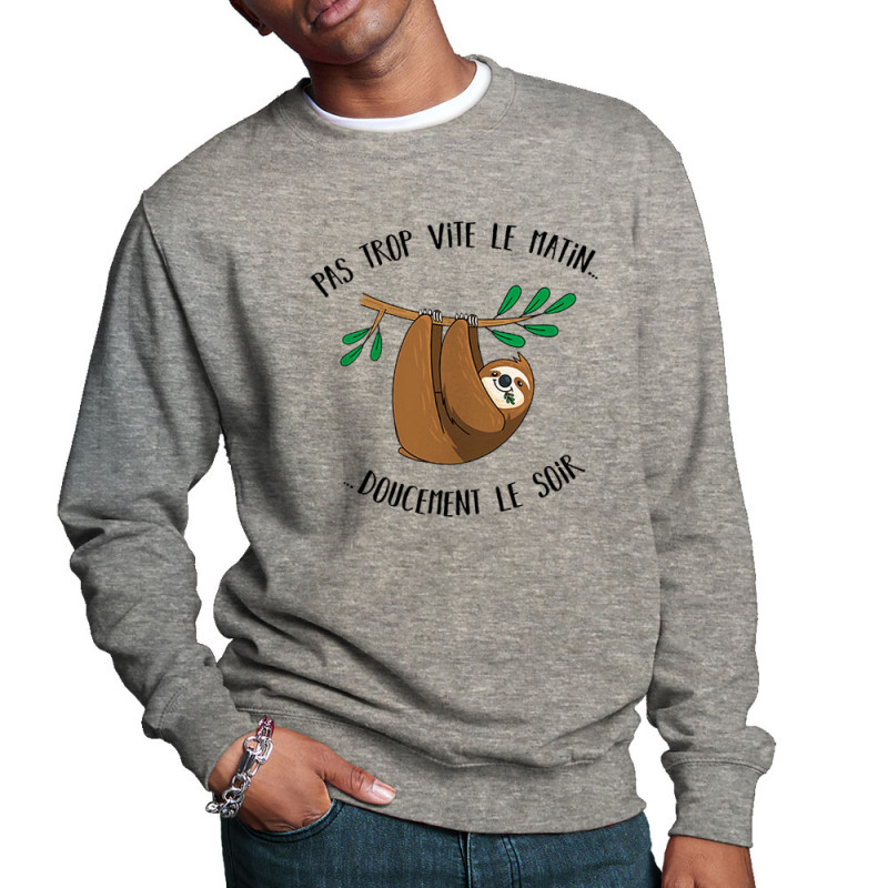 Sweat homme col rond gris chiné Pas trop vite le matin doucement le soir (Gondrax,Animaux,Humour)