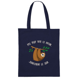 Sac shopping en toile bleu marine Pas trop vite le matin doucement le soir (Gondrax,Animaux,Humour)