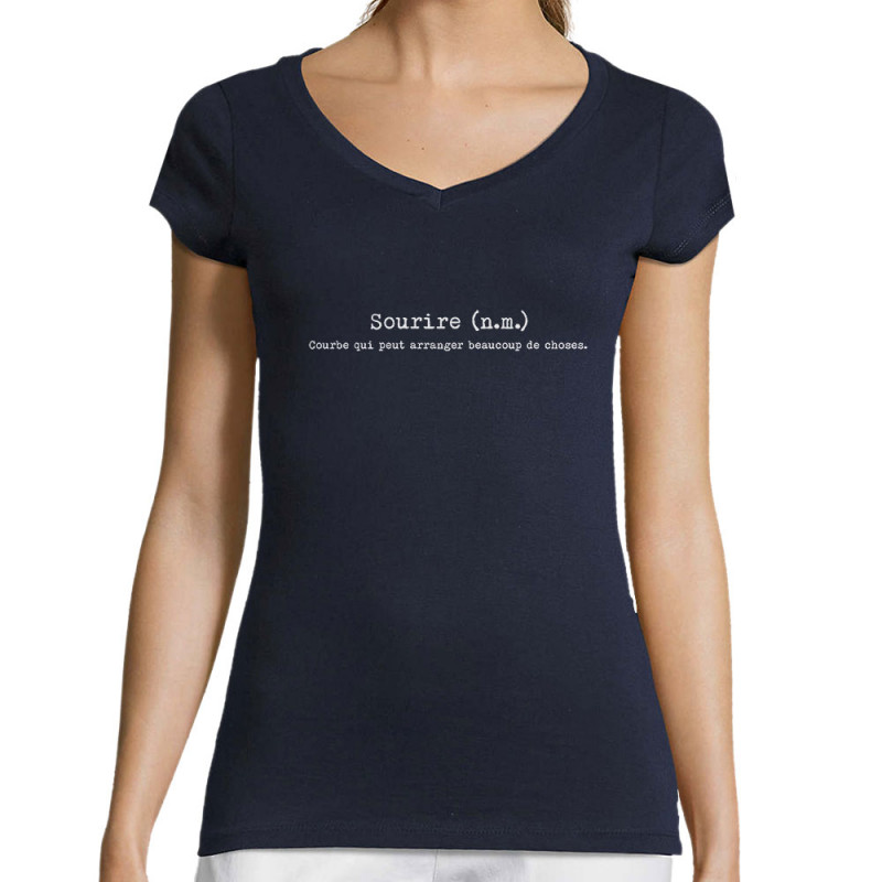 T-shirt femme col V bleu marine Sourire définition (Gondrax,Humour,Slogans Débiles)
