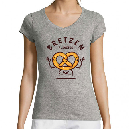 T-shirt femme col V gris chiné Bretzen Alsacien (Baxt,Humour,Fruits & Légumes)