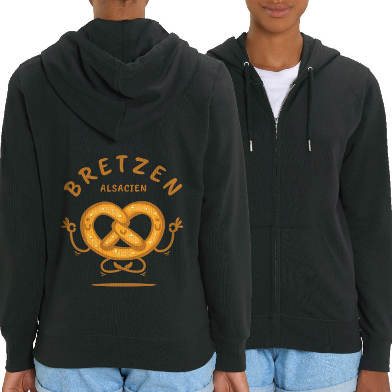 Sweat femme zippé à capuche coton bio noir Bretzen Alsacien (Baxt,Humour,Fruits & Légumes)