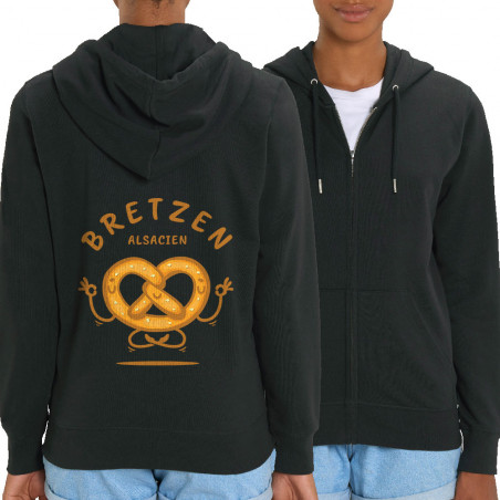 Sweat femme zippé à capuche coton bio noir Bretzen Alsacien (Baxt,Humour,Fruits & Légumes)
