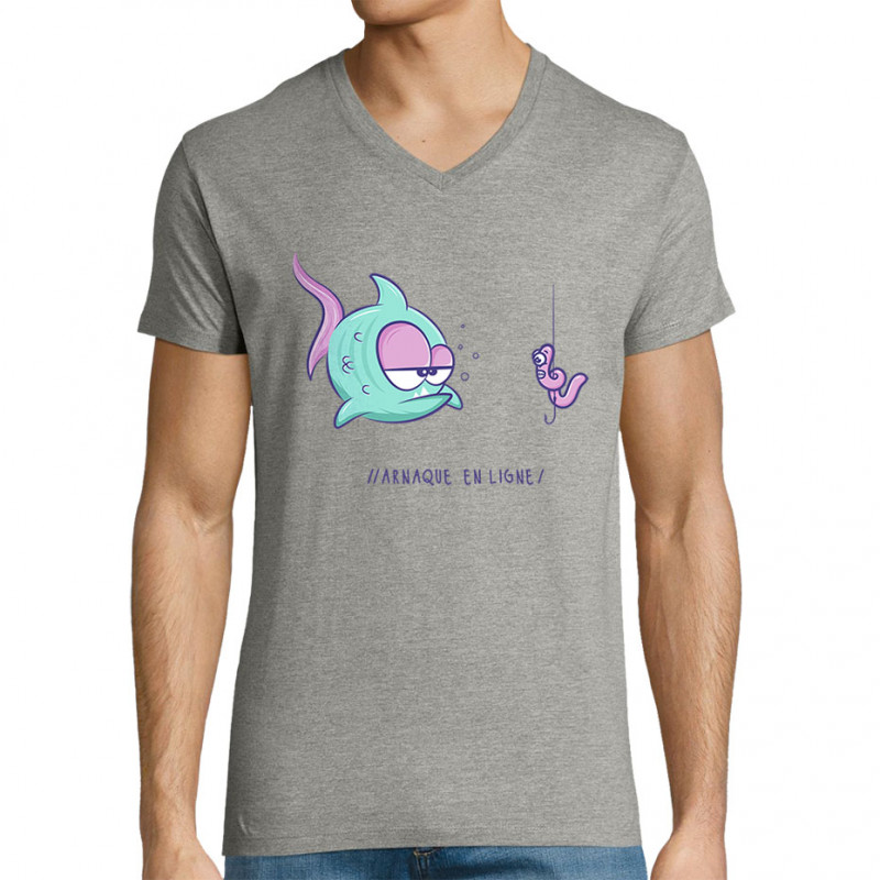 T-shirt homme col V gris chiné Arnaque en ligne (Baxt,Humour,Animaux)