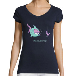 T-shirt femme col V bleu marine Arnaque en ligne (Baxt,Humour,Animaux)