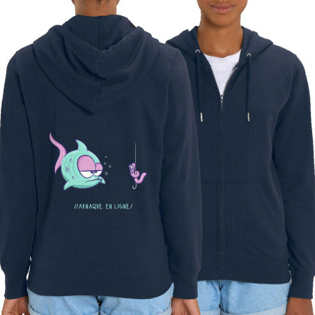 Sweat femme zippé à capuche coton bio bleu marine Arnaque en ligne (Baxt,Humour,Animaux)