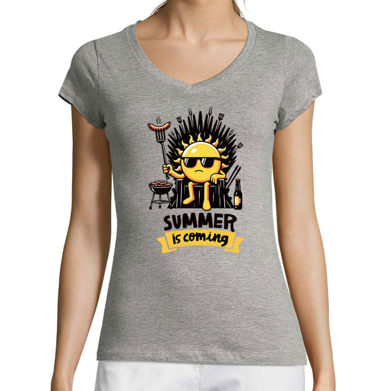 T-shirt femme col V gris chiné Summer is coming (Ted Boundy,Fruits & Légumes,Détournements)