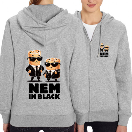 Sweat femme zippé à capuche coton bio gris chiné Nem in black (Ted Boundy,Fruits & Légumes,Humour,Détournements)
