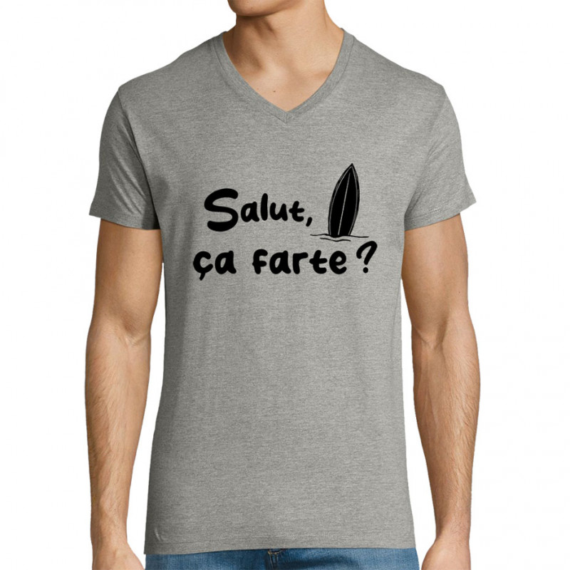 T-shirt homme col V gris chiné Salut ça farte (Gondrax,Slogans Débiles,Films/Séries,Skate)