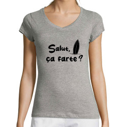T-shirt femme col V gris chiné Salut ça farte (Gondrax,Slogans Débiles,Films/Séries,Skate)