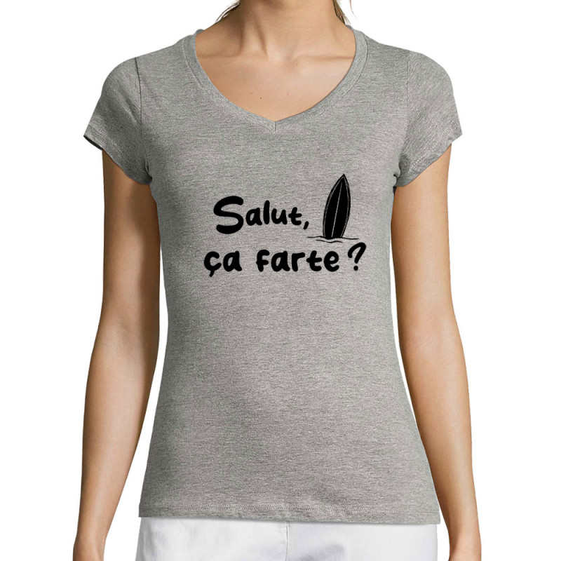 T-shirt femme col V gris chiné Salut ça farte (Gondrax,Slogans Débiles,Films/Séries,Skate)